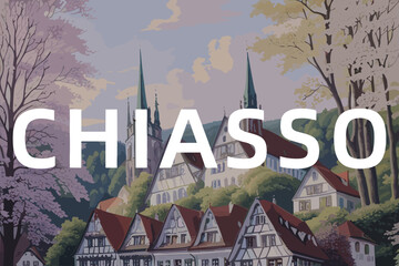 Chiasso: Beautiful painting of a Swiss town with the name Chiasso in Ticino