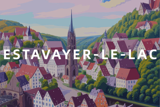 Estavayer-le-Lac: Beautiful painting of a Swiss town with the name Estavayer-le-Lac in Fribourg