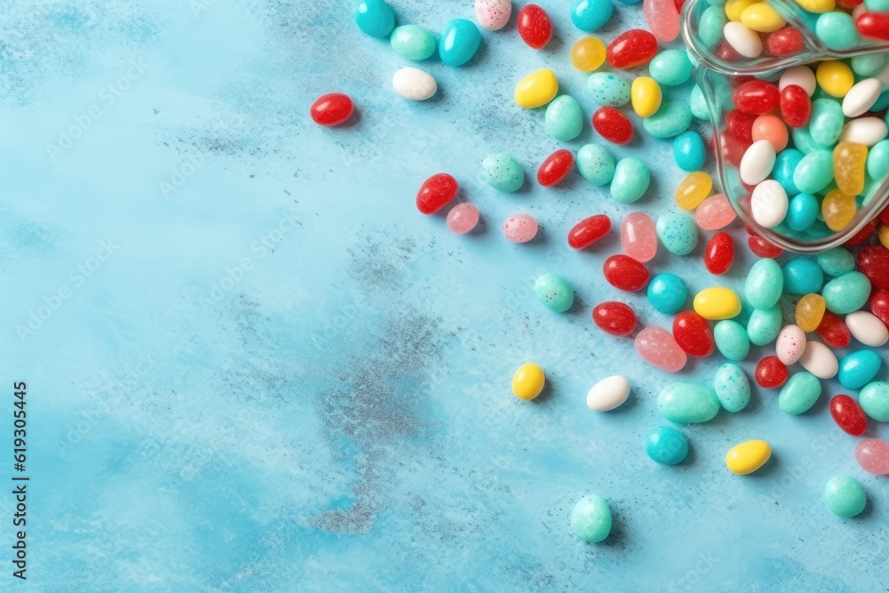 Poster bucket overflowing with various types of candy on a vibrant blue background. generative ai