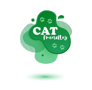 Pet friendly tag. Green label and stikers emblem with drops of paw for web and print tag. Pet friendly and care label. Vector illustration for you design.