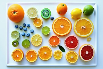  colorful fruit tray with kiwis, oranges, and lemons on a white background. Generative AI