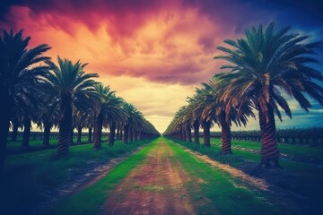 Fototapeta na wymiar scenic dirt road with palm trees and cloudy sky. Generative AI