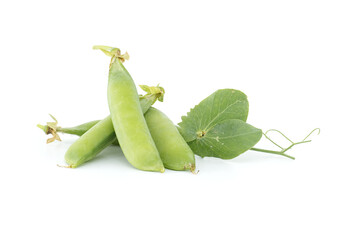 Garden peas pods with green leaves isolated on white