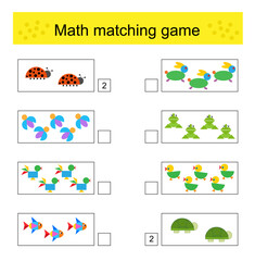 Fototapeta premium Math matching game for kids. Count animals and match the same. Preschool worksheet activity.