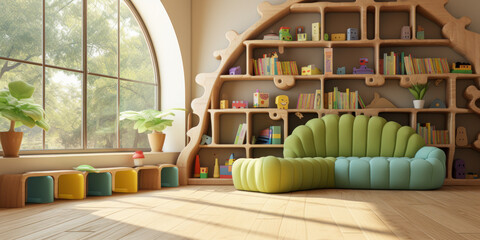 A cheerful kindergarten or preschool classroom with a playful curved wooden bookshelf, colorful...