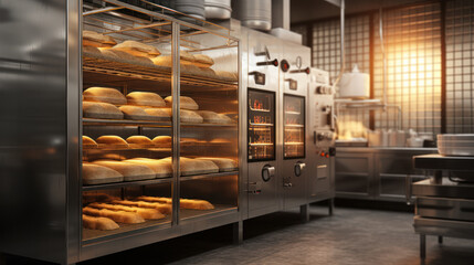 Industrial commercial bakery kitchen with stainless steel convection, a deck oven for baking bread buns, a kneader, pasta dough on a table, a cabinet, and ingredient backgrounds in 3D