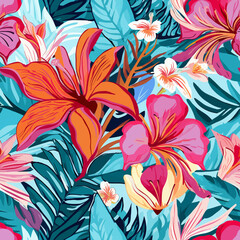 Seamless Modern Tropical Floral Pattern: Bold, Abstract Color Combinations for a Contemporary, Unique Print. Seamless pattern. Infinitely tileable.