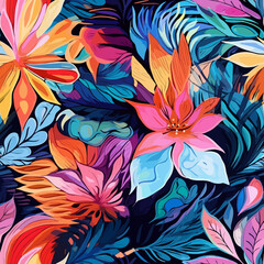 Colorful and Abstract Modern Tropical Floral Pattern: A Contemporary Design Perfectly Tileable for Uninterrupted Printing. Seamless pattern. Infinitely tileable.