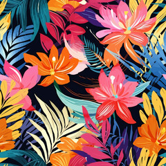 Modern Tropical Floral Pattern with Unique Color Arrangements: A Seamless Abstract Print for Contemporary Designs. Seamless pattern. Infinitely tileable.