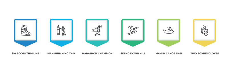 Fototapeta na wymiar set of sports outline icons with infographic template. thin line icons included man punching thin line, marathon champion thin line, skiing down hill man in canoe two boxing gloves vector.