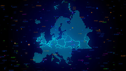 Futuristic Blue Colorful Shiny Digital Technology Hud Dots Mosaic Grid Europe Map Light Scanning With Numeric Tech Particles Background © agratitudesign