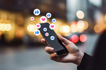 Hand of person holding smartphone and reaction of social networks, Generative AI