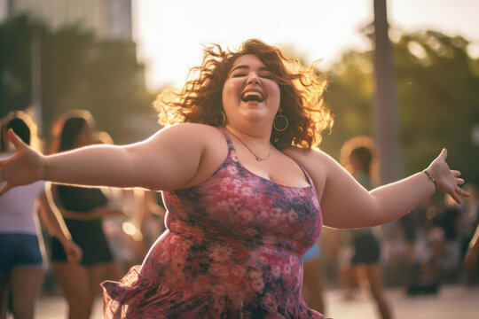 Fat woman expressing joy and confidence in dance, Generative AI