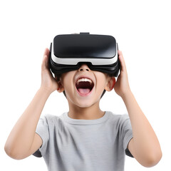 Kid using virtual reality headset, surprised child looking in VR glasses isolated