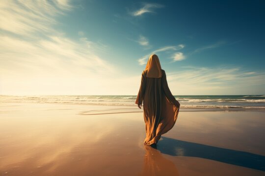 Woman wearing Hijab standing on the beach. Generative AI Image