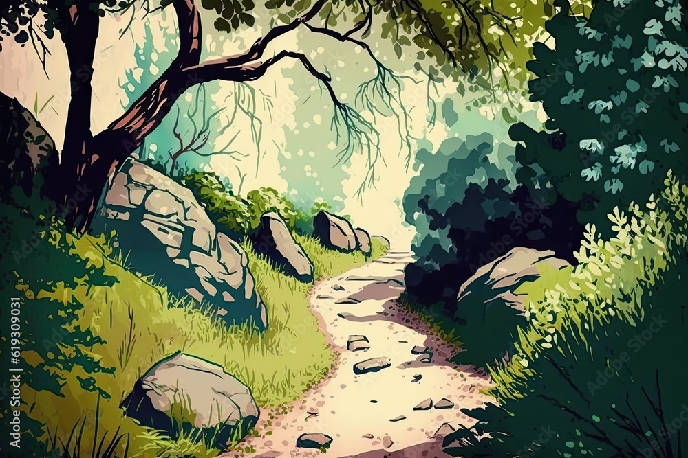 Poster scenic path winding through a lush forest. generative ai