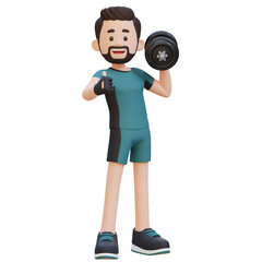 3D Sportsman Character Giving a Thumbs Up While Holding Dumbbell