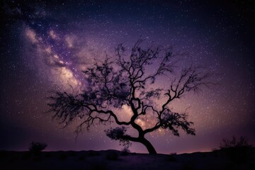 Naklejka na ściany i meble solitary tree standing against a starry night sky. Generative AI