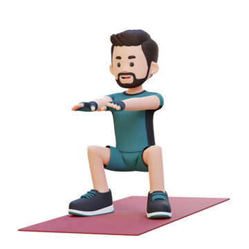 3D Sporty Male Character Mastering Squats in Home Gym