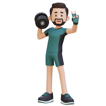 3D Sportsman Character Giving a Peace Sign While Holding Dumbbell