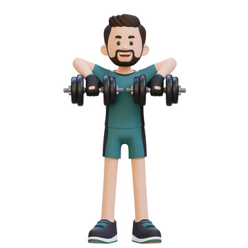3D Sportsman Character Performing Upright Row with Dumbbell