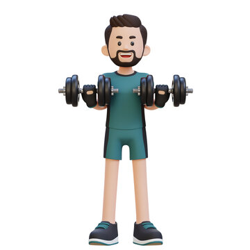 3D Sportsman Character Performing Drag Curls with Dumbbell