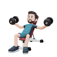 Fototapeta na wymiar 3D Sportsman Character Sculpting Muscular Chest with Incline Bench Dumbbell Chest Fly