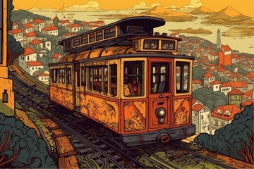 colorful trolley car traveling along a winding track through a busy city