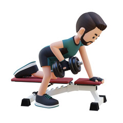 Fototapeta na wymiar 3D Sportsman Character Sculpting Back Muscles with Dumbbell Row Exercise