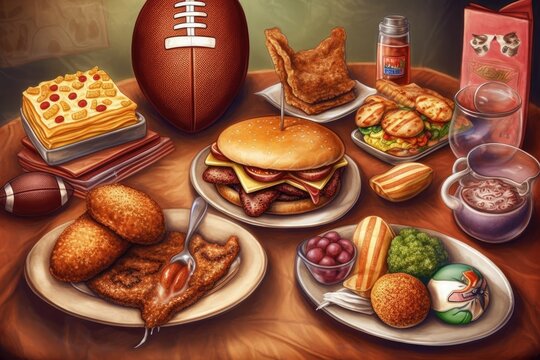 table spread with delicious food and a football in the center. Generative AI