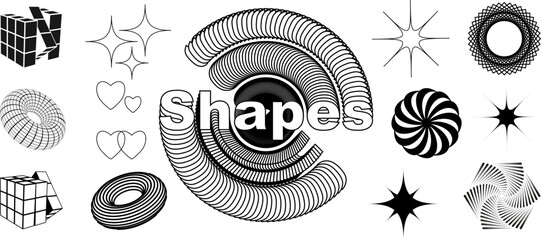 Set of abstract 3d geometric shapes and trendy geometric shapes. Vector illustration with 3d wireframe models. Y2K.