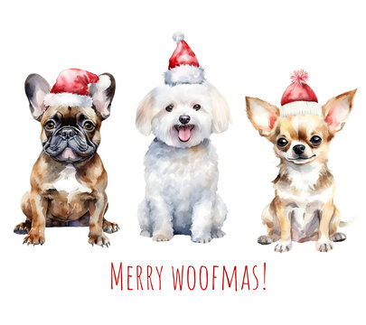 Watercolor Christmas french bulldog, bichon and chihuahua. Xmas cute dog in hat, tie and bow. Merry Christmas bulldog. AI generated.