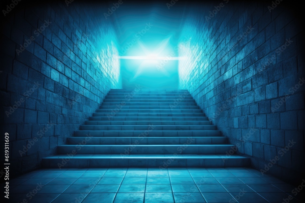 Poster staircase ascending to a brilliant light source in a dimly lit room. generative ai
