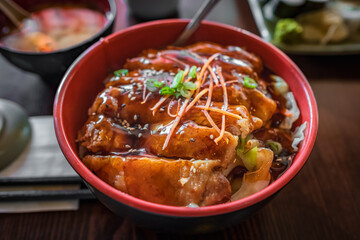 Japanese chicken teriyaki with rice and vegetables. Plate of teriyaki chicken with rice on the table, top view