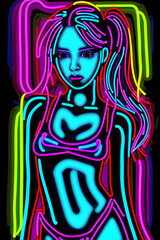 Illustration of a neon sign featuring a young woman. (AI-generated fictional illustration)
