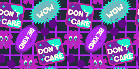 Y2k seamless sticker pattern rertro design. Sticker flower and relax, wow. Trendy y2k positive pattern. Collage purple and pink label on black background. Vector illustration
