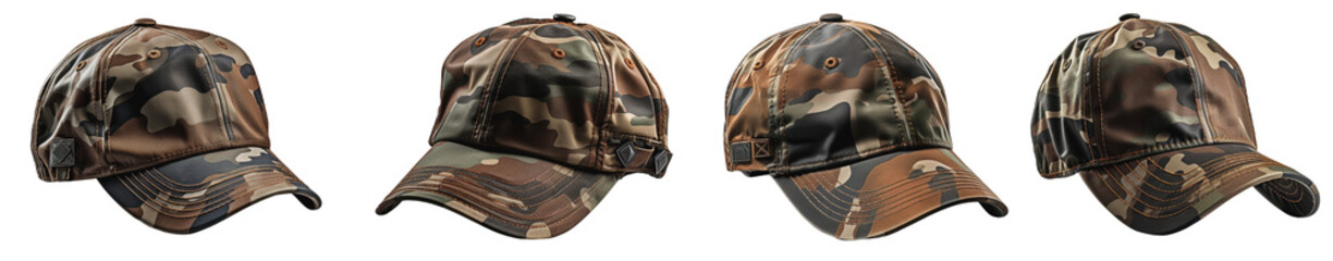 Fototapeta premium collection of four different camouflage army caps on a transparent background, Generative AI