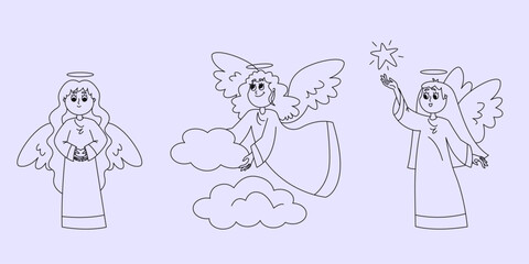 Angel in different poses. Cute character in outline style.