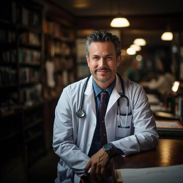 retrato de medico sonriente usando bata blanca y estetoscopio recargado en mesa &ldquo;IA generativa&rdquo;