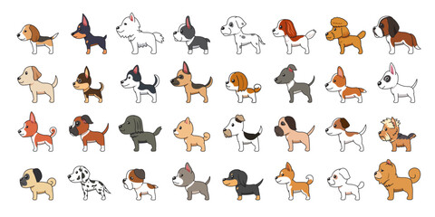 Vector cartoon dogs of various breeds side view for design.