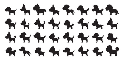 Vector cartoon silhouette dogs of various breeds side view for design.