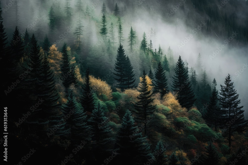 Poster dense foggy forest with tall trees and misty atmosphere. generative ai