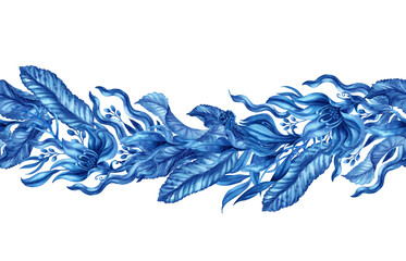 Watercolor seamless border of fantasy blue flowers and seaweed for invitations, patterns, fabrics, wallpapers, stickers.