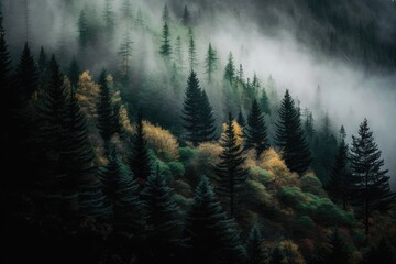 dense foggy forest with tall trees and misty atmosphere. Generative AI