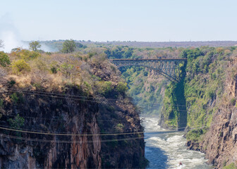 View of amazing Batoka Gorge and Victoria Falls Bridge in the distance on the Zambezi River,...
