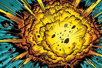 vibrant yellow and blue explosion with black spots and abstract shapes. Generative AI