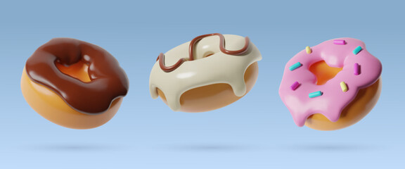 3d donuts food icons set different three dimentional realistic plastic flying doughnut vector objects