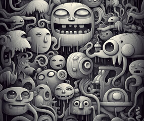A black and white cute monsters art.