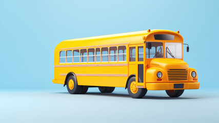 Plakat Traditional yellow schoolbus isolated on blue background. 3D Illustration. AI Generated.