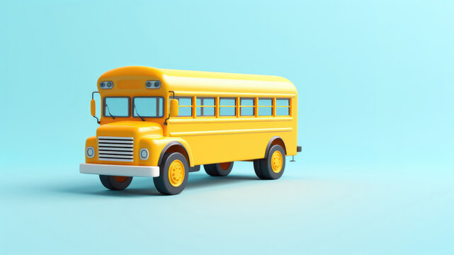 Traditional yellow schoolbus isolated on blue background. 3D Illustration. AI Generated.